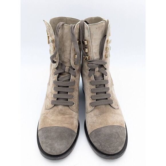 Chanel Lace up suade taupe combat boots 37.5 - Picture 3 of 9